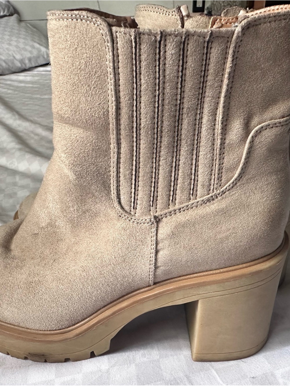 Women’s Suede Chunky Heel Ankle Boot in Beige